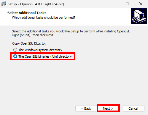 Programme d’installation d’OpenSSL Light affichant l’option du répertoire des binaires bin d’OpenSSL sélectionnée pour les fichiers DLL
