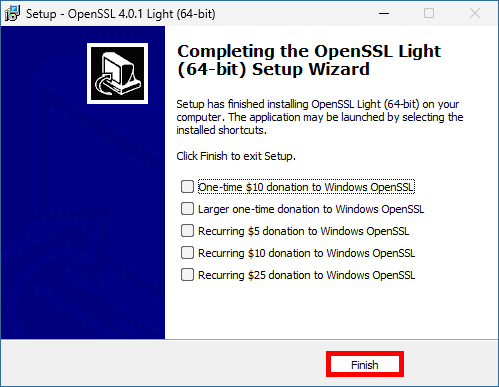 Assistant d’installation d’OpenSSL Light confirmant que l’installation est terminée et affichant des options de don facultatives