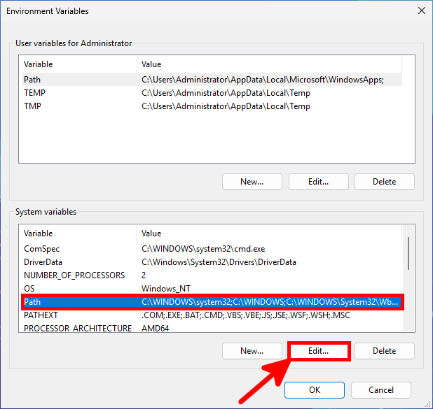 Fenêtre des variables d’environnement Windows avec l’entrée Path sélectionnée sous System variables et le bouton Edit mis en évidence