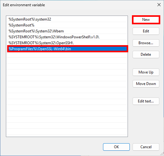 Fenêtre de modification d’une variable d’environnement Windows montrant l’ajout de %ProgramFiles%\OpenSSL-Win64\bin à la variable système Path