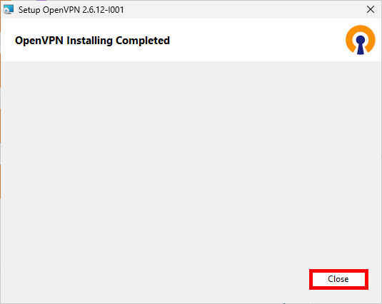Fenêtre d’installation d’OpenVPN confirmant que l’installation est terminée, avec le bouton Close mis en évidence