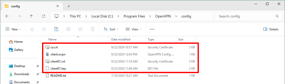 Explorateur de fichiers Windows affichant le répertoire de configuration OpenVPN contenant ca.crt, client.ovpn, client01.crt et client01.key