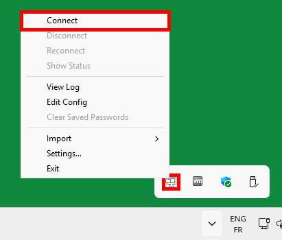 Menu contextuel d’OpenVPN GUI ouvert depuis la zone de notification Windows avec la commande Connect mise en évidence