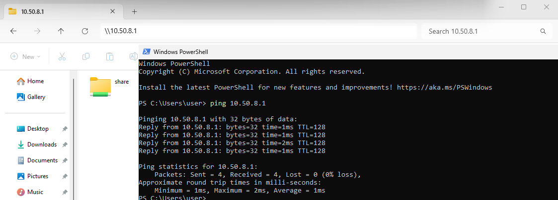 PowerShell sous Windows affichant des réponses réussies au ping du serveur OpenVPN à l’adresse 10.50.8.1, avec l’Explorateur de fichiers accédant à un partage du serveur via la même adresse VPN