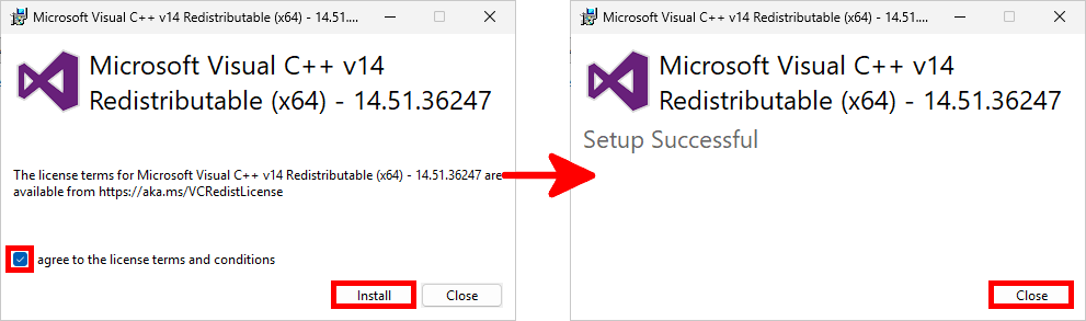 Programme d’installation de Microsoft Visual C++ Redistributable x64 affichant le contrat de licence, le bouton Install et l’écran confirmant la réussite de l’installation