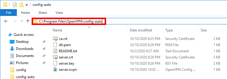 Explorateur de fichiers Windows affichant ca.crt, dh.pem, server.crt et server.key dans le répertoire config-auto du serveur OpenVPN