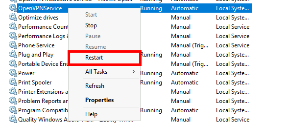 Console de gestion des services Windows affichant le menu contextuel d’OpenVPNService avec la commande Restart mise en évidence