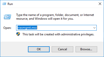 Boîte de dialogue Exécuter de Windows contenant rrasmgmt.msc pour ouvrir la console de gestion Routing and Remote Access