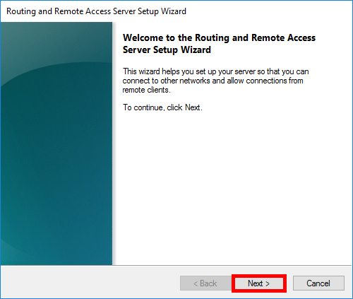 Écran d’accueil de l’assistant Routing and Remote Access Server Setup Wizard avec le bouton Next mis en évidence