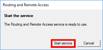 Boîte de dialogue Routing and Remote Access indiquant que le service est prêt à être utilisé, avec le bouton Start service mis en évidence