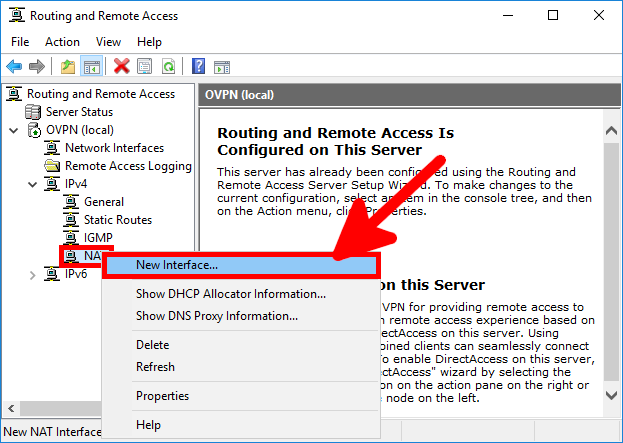 Console Routing and Remote Access affichant le menu contextuel de NAT sous IPv4 avec l’option New Interface mise en évidence