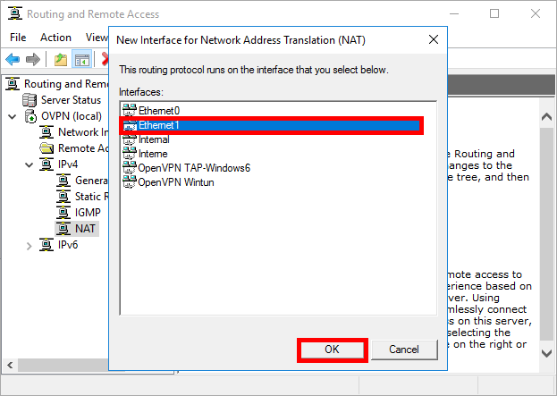 Fenêtre New Interface for Network Address Translation de RRAS affichant Ethernet1 sélectionnée parmi les interfaces réseau disponibles