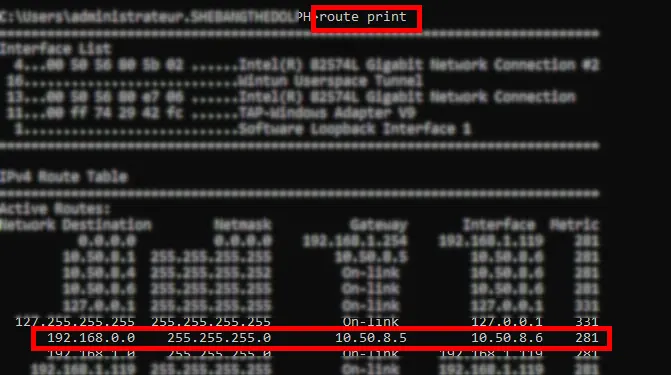 Invite de commandes Windows affichant la sortie de route print avec la route vers 192.168.0.0/24 via le tunnel OpenVPN mise en évidence