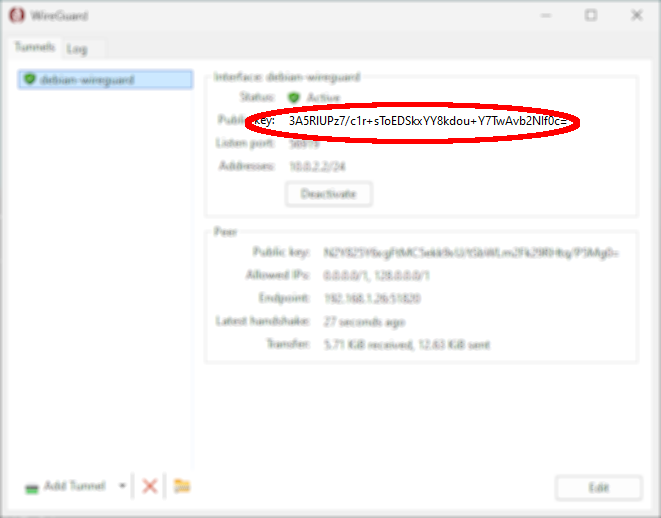 Tunnel WireGuard actif sur Windows affichant la clé publique et les détails de la configuration du pair