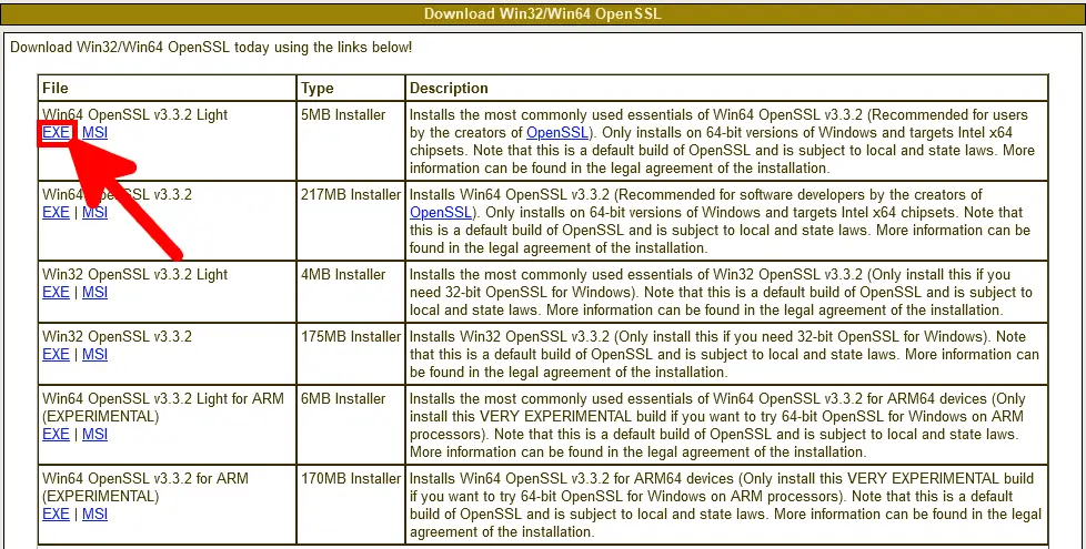 Capture d'écran de la page de téléchargement d'OpenSSL montrant différentes versions de Win32/Win64 OpenSSL, avec une flèche pointant vers l'option de l'installateur Win64 OpenSSL v3.3.2 Light.