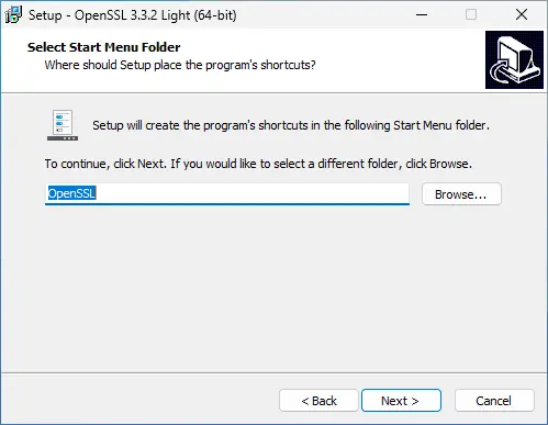 Fenêtre de l'installateur OpenSSL 64 bits affichant la sélection du dossier du menu Démarrer avec 'OpenSSL' comme option par défaut.