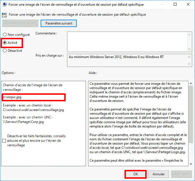 Paramètre de stratégie de groupe pour Forcer un écran de verrouillage par défaut spécifique et une image de connexion avec l'option Activé sélectionnée et le chemin d'accès à l'image spécifié