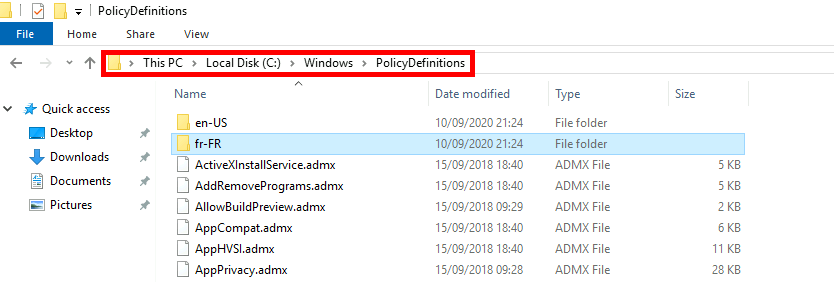 Dossier PolicyDefinitions sur un Windows 10