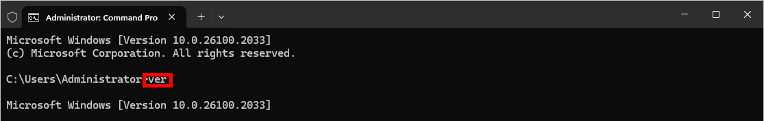 Command prompt displaying Windows version information with the “ver” command.