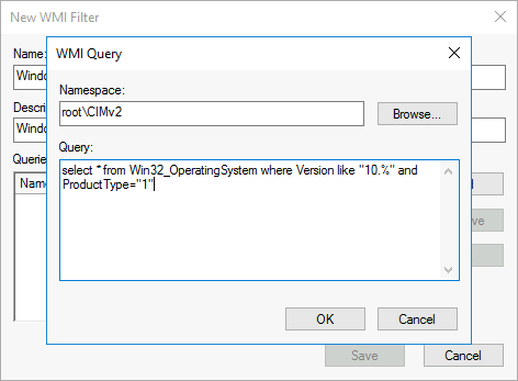 Fenêtre de création de requête WMI dans la console de gestion des stratégies de groupe, montrant l'espace de noms et les champs de requête pour filtrer les systèmes d'exploitation Windows 10