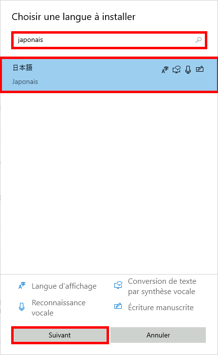 Windows 10 Choisir une langue à installer.