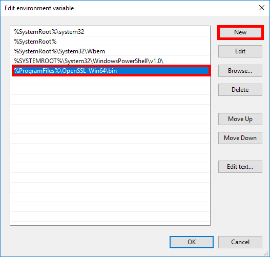 Fenêtre de modification des variables d'environnement dans Windows montrant le chemin OpenSSL ajouté, avec une flèche pointant vers le bouton «Nouveau».