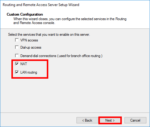 Assistant de configuration du serveur de routage et d'accès distant avec les options de routage NAT et LAN sélectionnées, et le bouton Suivant mis en évidence.