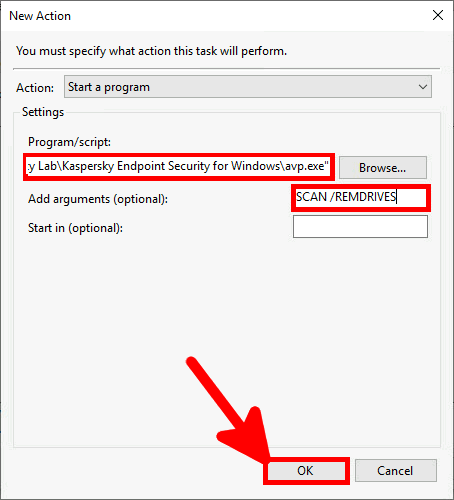 Windows Task Scheduler New action for kaspersky removable drives scan.