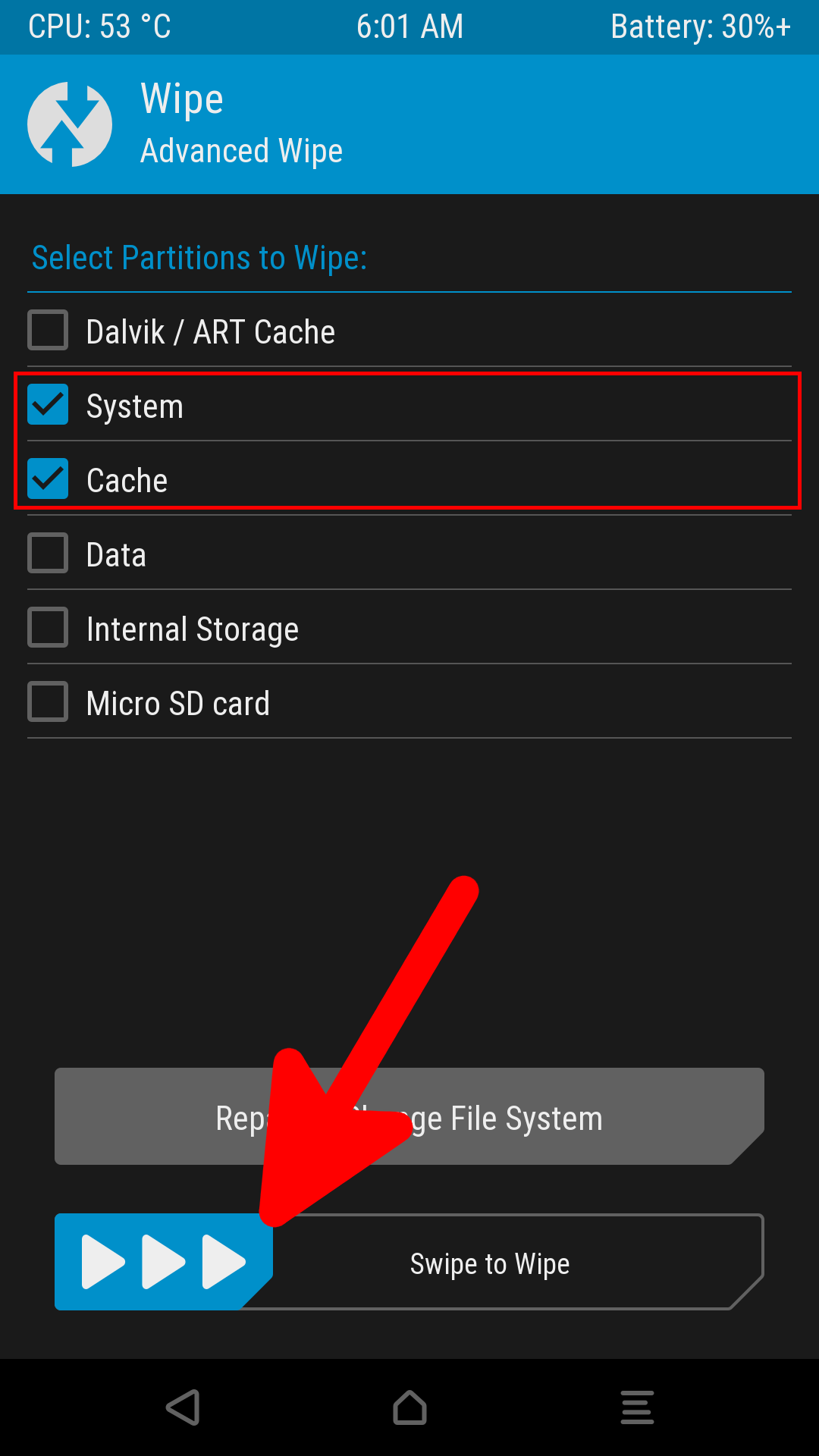 TWRP System Cache Advanced Wipe