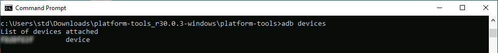 Windows command prompt with the adb devices command