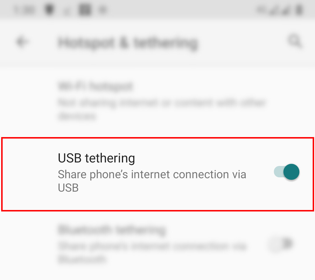 Android Settings USB tethering on