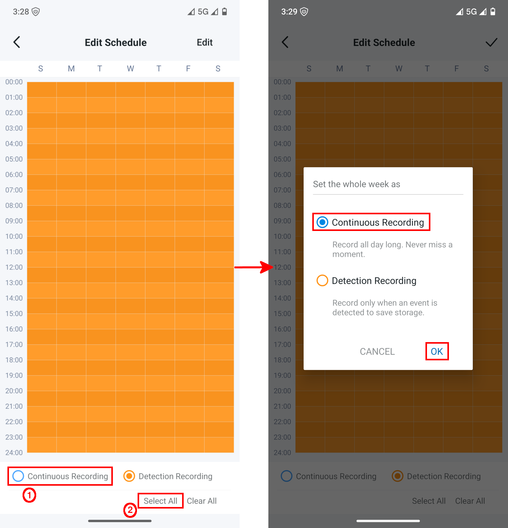 Tapo Android app showing Continuous Recording selected and Select All applied to the recording schedule