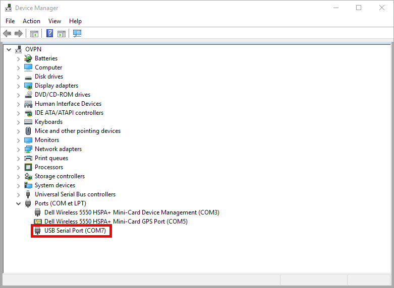 Device Manager window showing USB Serial Port (COM7) highlighted for serial connection setup