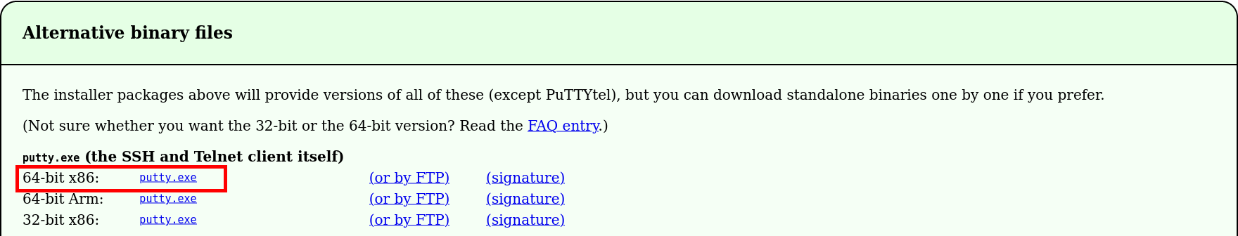 PuTTY download page showing the 64-bit x86 version of putty.exe highlighted for download