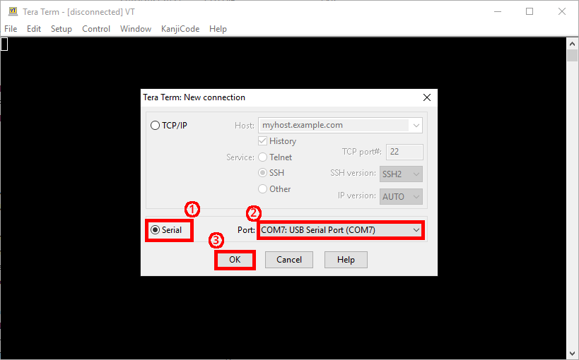 Tera Term New Connection window showing Serial option selected and COM7 USB Serial Port chosen for connection