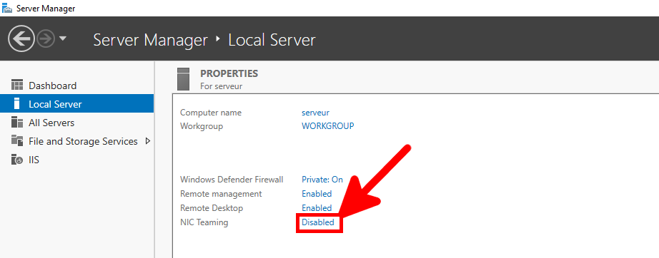 Server Manager window showing Local Server properties with NIC Teaming status highlighted as Disabled