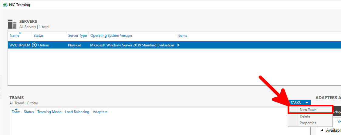 NIC Teaming window in Server Manager showing the creation of a new team with the New Team option highlighted