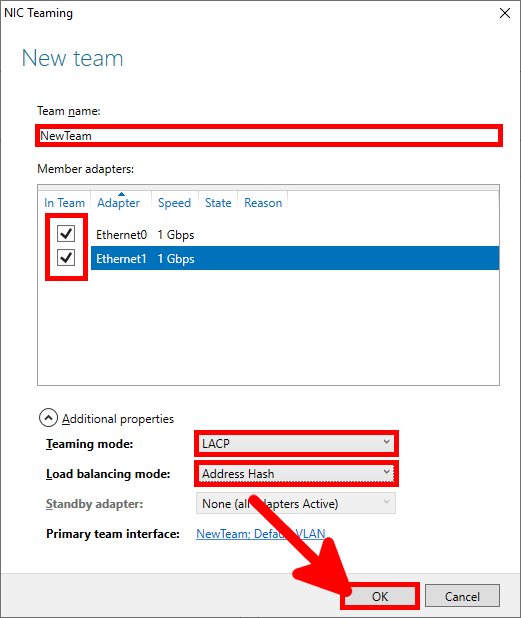 NIC Teaming configuration window showing LACP mode selected, team name set as NewTeam, and member adapters chosen