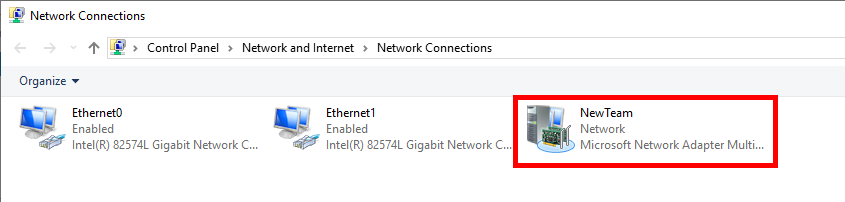 Network Connections window showing the NewTeam NIC Team alongside Ethernet0 and Ethernet1 adapters