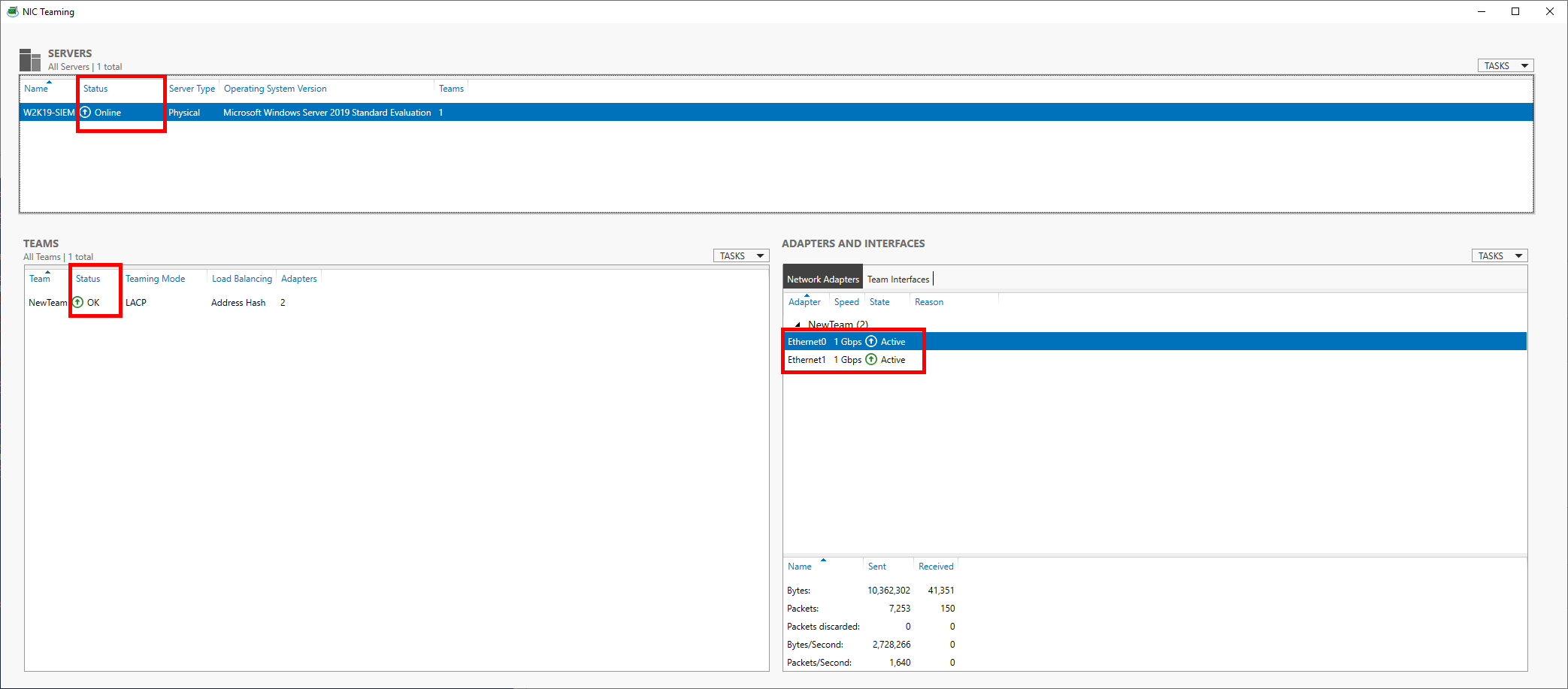 NIC Teaming status window showing team NewTeam with LACP mode and both Ethernet adapters active and functioning