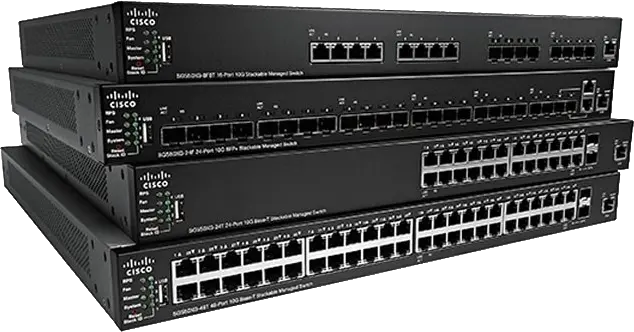 Image of stacked Cisco SG Series switches, showcasing various models designed for small business network environments.