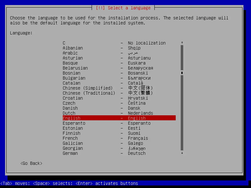 debian netinstall select language