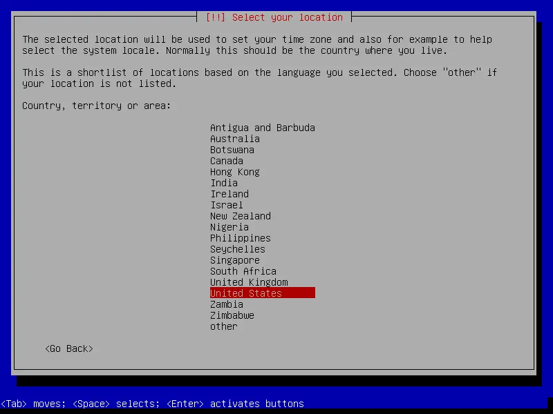 debian netinstall select your location