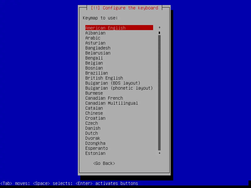 debian netinstall configure the keyboard