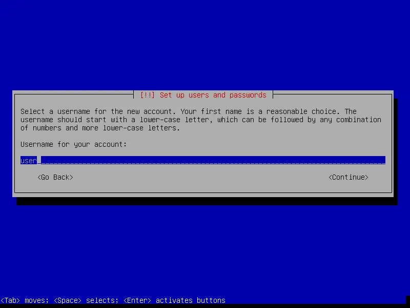 debian netinstall set up user