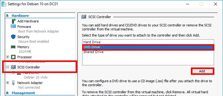 Hyper-V VM Settings menu