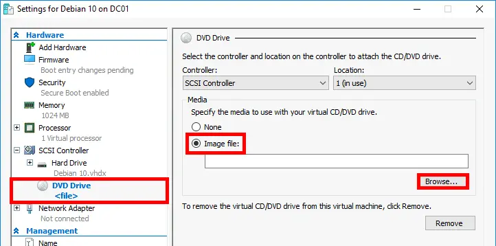 Hyper-V VM Settings menu