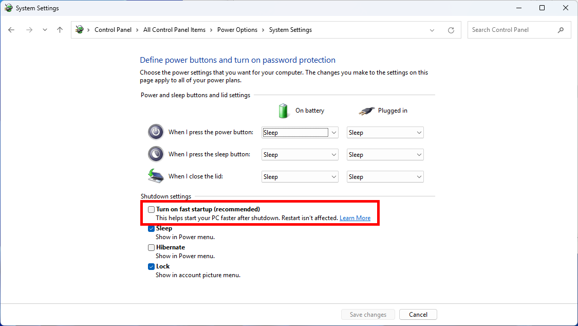 System settings for power options with fast startup setting highlighted