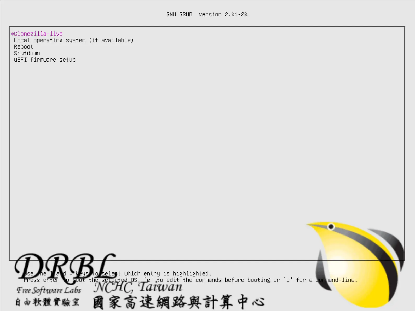 Screenshot of the GRUB boot menu for Clonezilla Live, showing options to boot Clonezilla, reboot, shut down, or access UEFI firmware setup. Branded with DRBL and NCHC Taiwan logos.