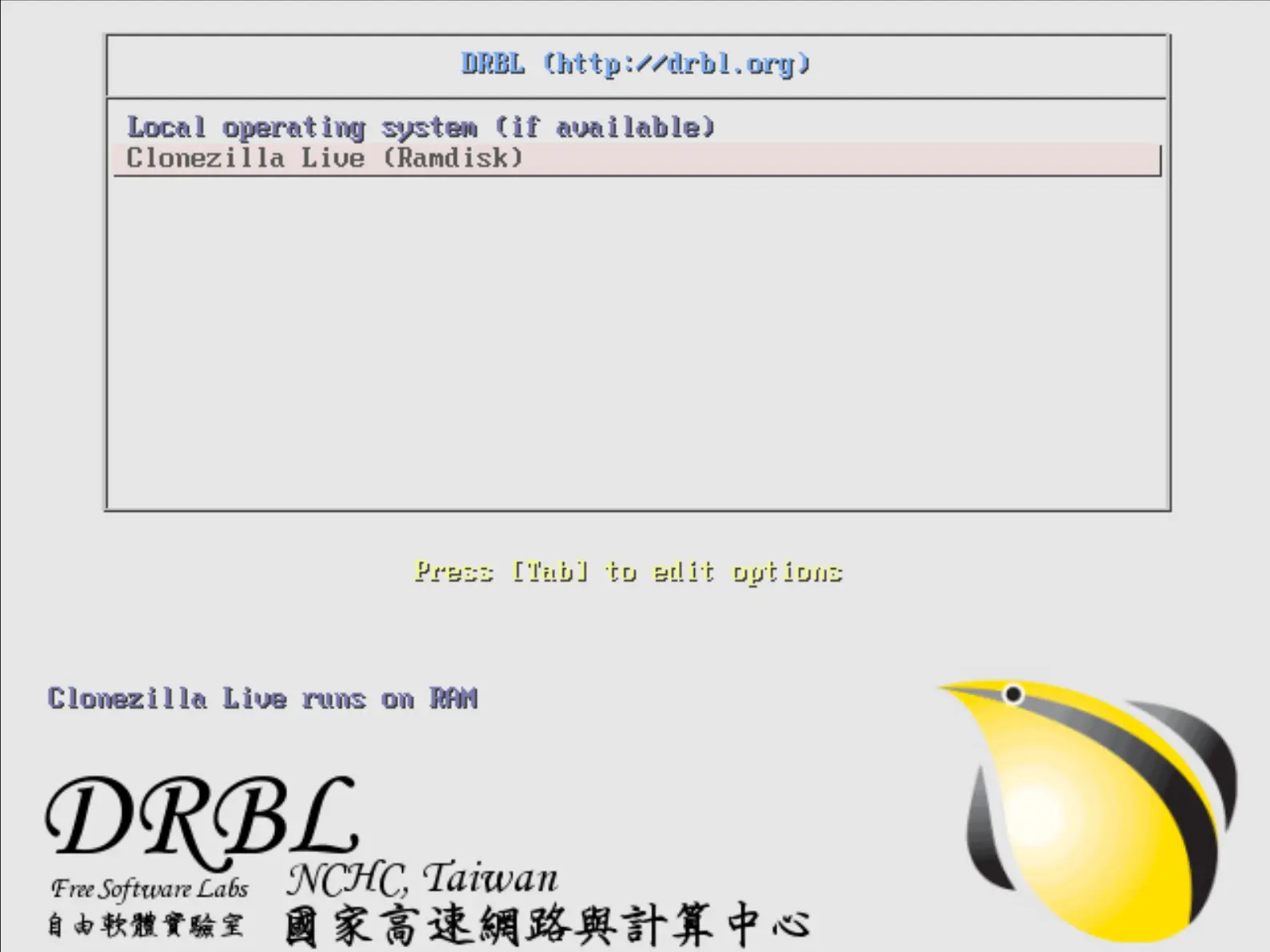 Screenshot of the Clonezilla Live boot menu displaying options for booting into Clonezilla Live (RAM) or the local operating system. Includes DRBL and NCHC Taiwan logos.